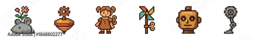 Set of six pixel art sprites for a video game, including a mouse with a flower, a steampunk top, a girl with a key, a pinwheel, a robot head, and a mechanical leg