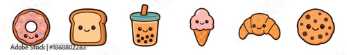 Charming set of six kawaii food icons featuring a donut, bread, bubble tea, ice cream, croissant, and cookie, each with a cute smiling face in a simple cartoon vector style