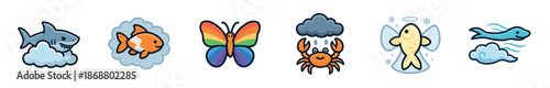 Set of six cute cartoon animal and weather icons featuring a shark, goldfish, rainbow butterfly, crab, angel fish, and wind character in a playful, colorful vector illustration style