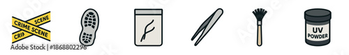 Forensic science investigation icon set showing crime scene tape, a footprint, evidence bag, tweezers, dusting brush, and UV powder in a flat, outlined vector illustration style