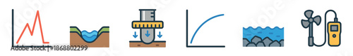 Colorful environmental science icon set featuring hydrology, geology, and data analysis symbols like graphs, a river, a soil testing tool, and a flow meter