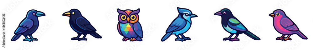 Obraz premium Set of six vibrant bird illustrations including a raven, owl, and blue jay, designed in a modern cartoon sticker style with bold outlines and iridescent colors
