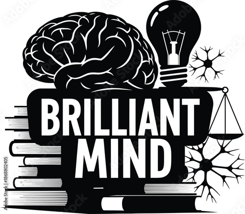 Brilliant Mind Brain Lightbulb Books Vector Black Hand Drawn Typography Logo Emblem Badge Icon Silhouette Vintage Retro Graphic Knowledge Education Intelligence Science