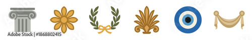 Collection of classical antiquity vector icons featuring an Ionic column, laurel wreath, Nazar amulet, palmette, rosette, and swag presented in a simple flat design