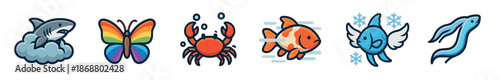 Set of six cute cartoon animal icons featuring a shark, rainbow butterfly, crab, goldfish, flying ice fish, and an eel in a vibrant, modern sticker style
