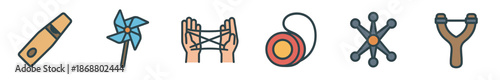 Colorful line art icons of classic toys featuring a kazoo, pinwheel, cat's cradle, yo-yo, jacks, and slingshot, representing childhood fun and nostalgic games in a simple design