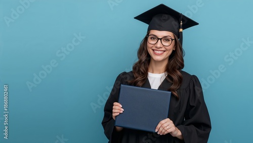 Young Woman in Graduation Cap and Gown Smiles While Holding Diploma Against B...