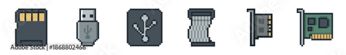 Set of pixel art computer hardware icons including a memory card, USB flash drive, port symbol, ribbon cable, and expansion cards in a retro 8-bit gaming style