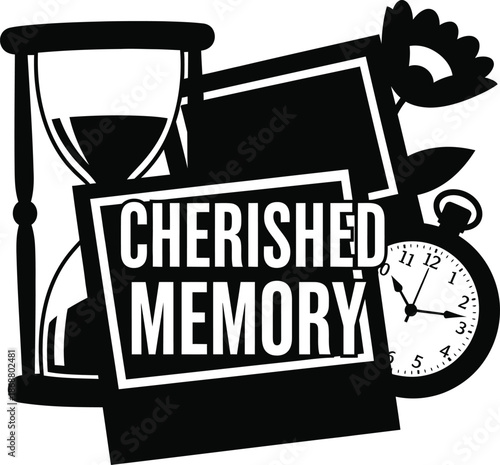 Cherished Memory Hourglass Clock Mirror Vector Black Hand Drawn Typography Logo Emblem Badge Icon Silhouette Vintage Retro Graphic Time Life Nostalgia Eternal