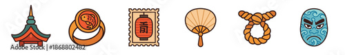 Set of six traditional Asian cultural icons including a pagoda, fish coin, lantern, fan, knotted rope, and theatrical mask in a simple, colorful flat illustration style