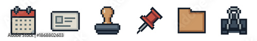 Set of six pixel art office supply icons including a calendar, ID card, stamp, pushpin, folder, and binder clip in a retro 8-bit video game style illustration