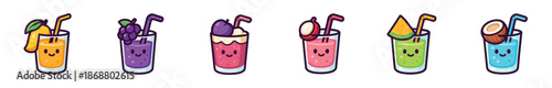 Collection of cute cartoon fruit juice and smoothie characters with smiling kawaii faces, featuring mango, grape, plum, lychee, melon, and coconut drinks in glasses