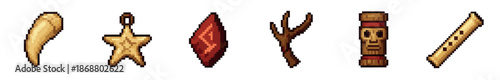 Set of six pixel art tribal icons for a video game, including a fang, star amulet, magic stone, wooden claw, totem, and flute, rendered in a detailed retro 8-bit style