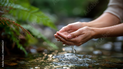 Faceless hands touching sacred spring water holy site pilgrimage spiritual purification ritual natural healing source wellness journey meditation practice tranquil moment