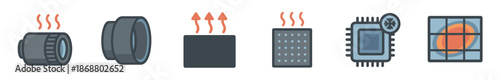 Set of six technology icons representing thermal management, CPU cooling, heat dissipation, and overheating electronic components in a flat, minimalist, outlined graphic style