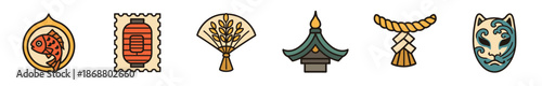 Set of six traditional Asian cultural icons including a fish, lantern, fan, temple roof, sacred rope, and theatrical mask in a clean, modern line art style