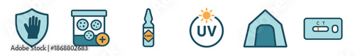 Set of six health and safety icons for emergency preparedness, including a shield, medication, a chemical ampoule, UV protection, a tent, and a rapid test kit in a flat vector style