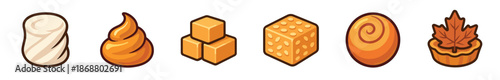 Set of sweet autumn dessert icons including marshmallow, caramel swirl, fudge cubes, and a maple leaf tart in a charming cartoon vector illustration style for seasonal design