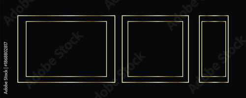 Set of golden thin frames. Gold geometric borders in art deco style. Thin linear square and rectangle collection. Yellow glowing shiny boarder element pack. Vector bundle for photo, cadre, decor