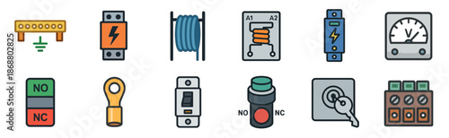 Set of electrical component icons including fuse, relay, switch, voltmeter, and terminal block for industrial automation and circuit diagrams, presented in a colorful line art style