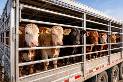 Mixed beef cattle stand closely together inside an open-sided metal trailer under warm evening light, ideal for illustrating livestock transport, agribusiness, and rural supply chains.