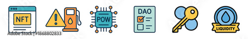 Set of colorful blockchain technology icons representing NFT, gas fees, proof of work, DAO, private key, and liquidity in a modern flat line art illustration style