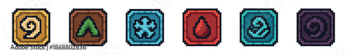 Pixel art set of six fantasy game icons with elemental symbols for RPG video games, showing earth, ice, fire, water, wind, and shadow magic spells on vertical cards