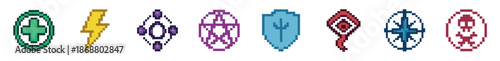Collection of colorful pixel art icons for a fantasy video game, featuring various status effects and abilities like healing, lightning, magic, defense, and poison in a retro style