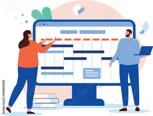 Project management - People scheduling tasks in work calendar, planning and organising work week for office workers to be more productive. Flat design vector illustration with white background.