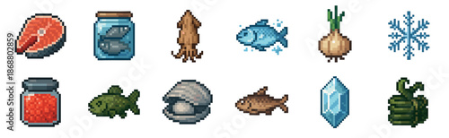 Set of pixel art video game items including various fish, a squid, a clam, a salmon steak, an onion, a crystal, and a snowflake in a retro 8-bit style