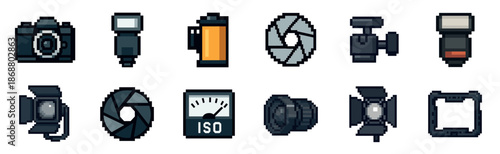 Pixelated photography and videography equipment icons set featuring a camera, lens, studio light, and film in a classic 8-bit retro graphic design illustration