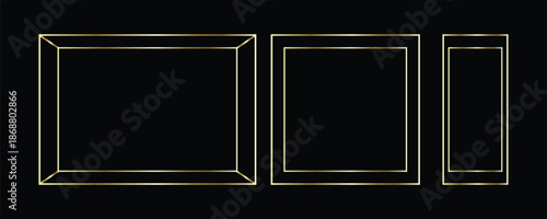 Set of golden thin frames. Gold geometric borders in art deco style. Thin linear square and rectangle collection. Yellow glowing shiny boarder element pack. Vector bundle for photo, cadre, decor