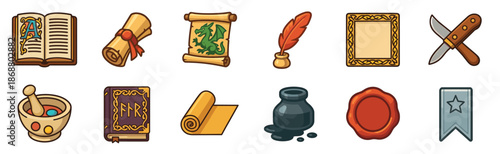 Set of twelve medieval fantasy game icons with a book, scroll, dragon, quill, inkwell, runes, dagger, and mortar in a colorful cartoon style