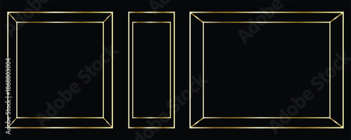 Set of golden thin frames. Gold geometric borders in art deco style. Thin linear square and rectangle collection. Yellow glowing shiny boarder element pack. Vector bundle for photo modern.