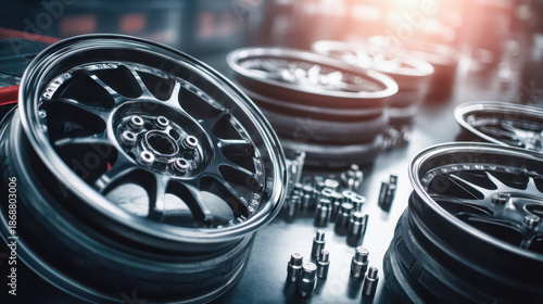 High-performance racing wheels and alloy wheels in the workshop, professional motorsport equipment and auto tuning concept