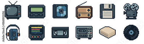Collection of retro technology pixel art icons representing nostalgic 80s and 90s media like a television, radio, cassette player, floppy disk, vhs tape, and movie camera