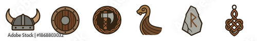 Set of six Viking themed icons including a horned helmet, shield, axe, longship, runestone, and amulet, all rendered in a simple, flat illustration style with bold outlines