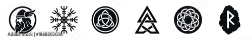 Collection of black Scandinavian and Celtic symbols featuring a warrior head, magical stave, Triquetra, Valknut, shield knot, and a rune, designed in a minimalist icon style