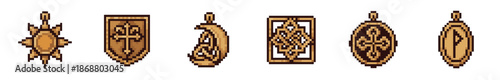 Six golden pixel art fantasy game icons featuring various amulets, medals, and talismans with intricate symbolic patterns, representing magical artifacts or quest items
