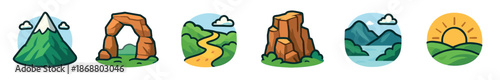Set of six colorful nature icons in a simple cartoon style depicts various outdoor landscapes including a mountain, rock arch, winding path, butte, lake, and sunrise