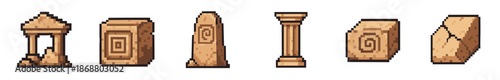 Collection of ancient stone ruin assets in a detailed pixel art style, featuring a weathered column, carved blocks with symbols, broken pillars, and a small temple structure