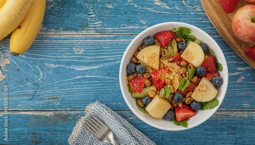 Delicious Fruit Bowl With Berries, Apples, and Granola on Blue Wooden Table