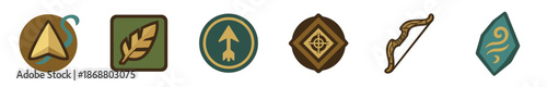Set of six fantasy archery icons featuring a bow, arrow, feather, target, and magical symbols in a flat graphic style with an earthy color palette for game design