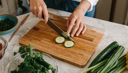 Cooking Activity With Cucumber on Wooden Cutting Board in Kitchen During Daytime