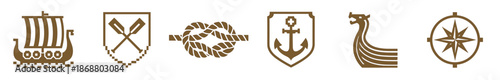 Set of six brown nautical icons featuring a Viking longship, crossed oars, a rope knot, an anchor, a dragon prow, and a compass rose in a minimalist graphic style