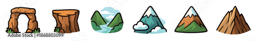 Set of six cartoon nature icons and landscape elements shows a stone arch, rock platform, river valley, and mountains in a simple, bold, and colorful illustrated style