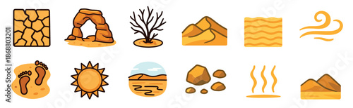 Set of desert-themed nature icons showing a sun, sand dunes, rock arch, dry ground, wind, and heat, illustrated in a simple flat cartoon style for arid climate concepts