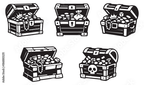 Hand drawn line art treasure chest set featuring various gold coins, jewels, and pirate elements for adventure and wealth concepts