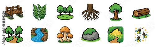 Set of twelve cute forest icons featuring a wooden bridge, trees, mushrooms, a river, and fireflies in a charming cartoon illustration style for nature-themed designs