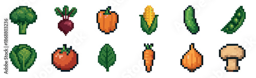 Set of pixel art vegetable icons for a retro video game, including broccoli, corn, tomato, and carrot, presented in a colorful and simple 8-bit graphic style collection